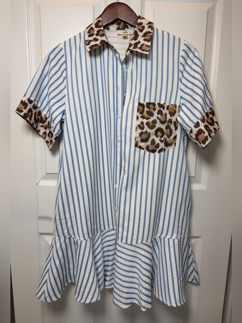 entro Striped Animal Print Drop Waist Button Front Mini Dress NWT